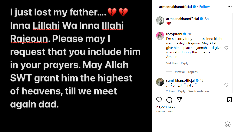 Pakistani Actress Armina Khan's father passed away